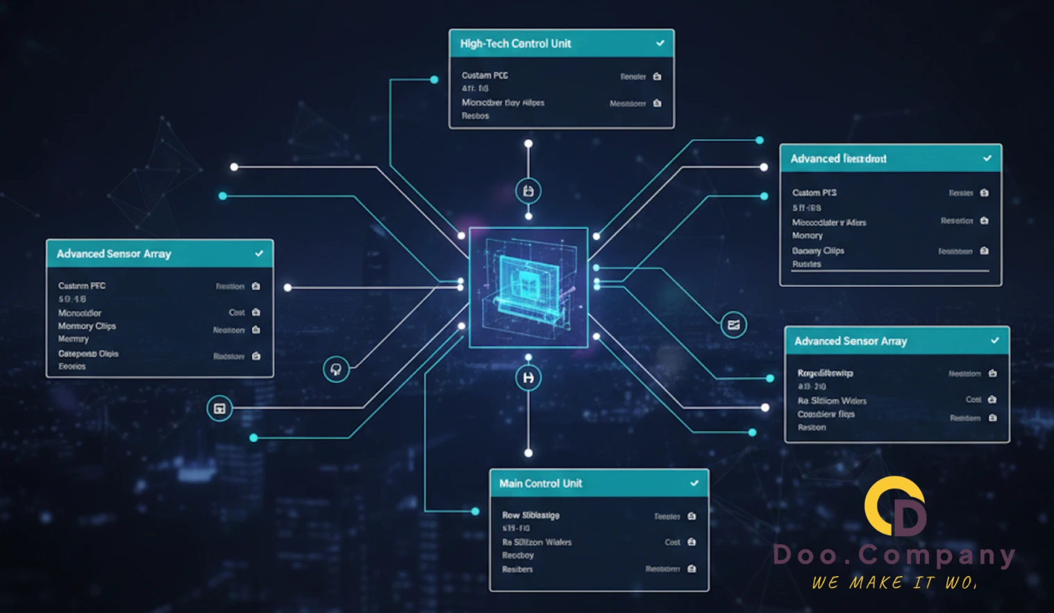Voorbeeld van een complexe multi-level Bill of Materials (BoM) in Odoo MRP voor high-tech hardware assemblage.