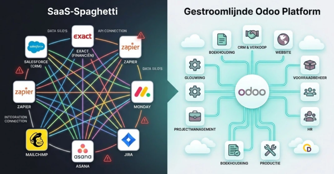 Conceptuele visualisatie van de transitie van chaotische SaaS-spaghetti software naar een gestroomlijnd, gecentraliseerd Odoo ERP all-in-one systeem van Doo.Company