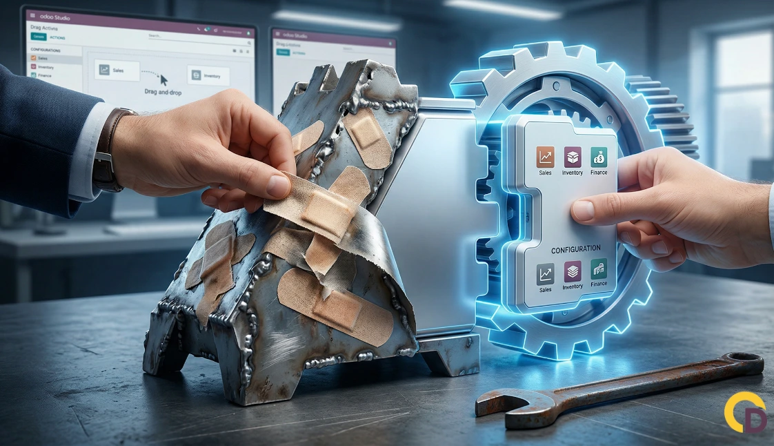 Visualisatie van een verouderde IT-infrastructuur met pleisters vergeleken met een moderne, modulaire Odoo ERP-oplossing die naadloos integreert via Doo.Company