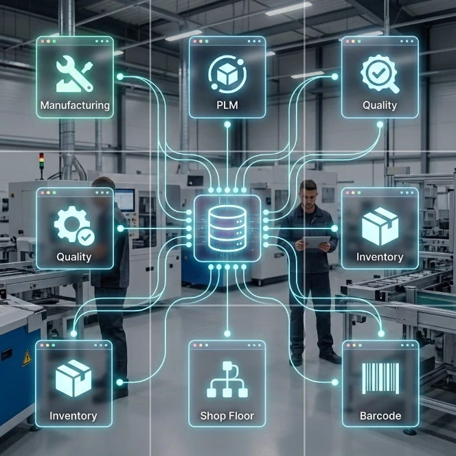 realtime informatie uitwisselen met de centrale database functionele Odoo module-iconen voor de maakindustrie, waaronder PLM, Manufacturing en Quality Control, verbonden via realtime datastromen