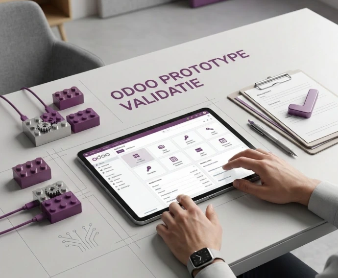 dit beeld toon een tablet waarop voor een maakbedrijf MRP , PLM en Inventory modules worden geconfigureerd als prototype