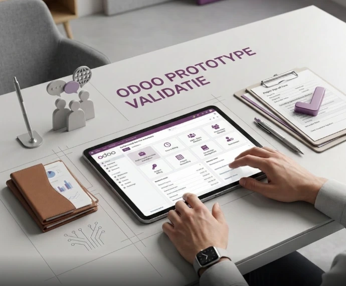 dit beeld toon een tablet waarop Odoo Projects en Timesheets modules worden geconfigureerd voor een dienstverlening prototype