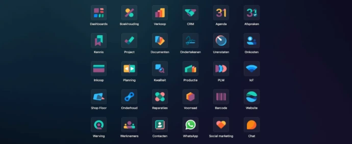 Overzicht van het modulaire Odoo Enterprise app-dashboard met geïntegreerde modules voor CRM, Verkoop, Voorraad, Projecten en Boekhouding Overzicht van het modulaire Odoo Enterprise app-dashboard met geïntegreerde modules voor CRM, Verkoop, Voorraad, Projecten en Boekhouding